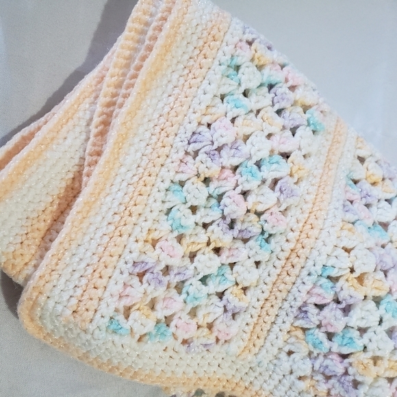 Handmade Baby Blanket Crochet Knit Pastel Shimmer Pink Purple Blue Peach White - Picture 5 of 9